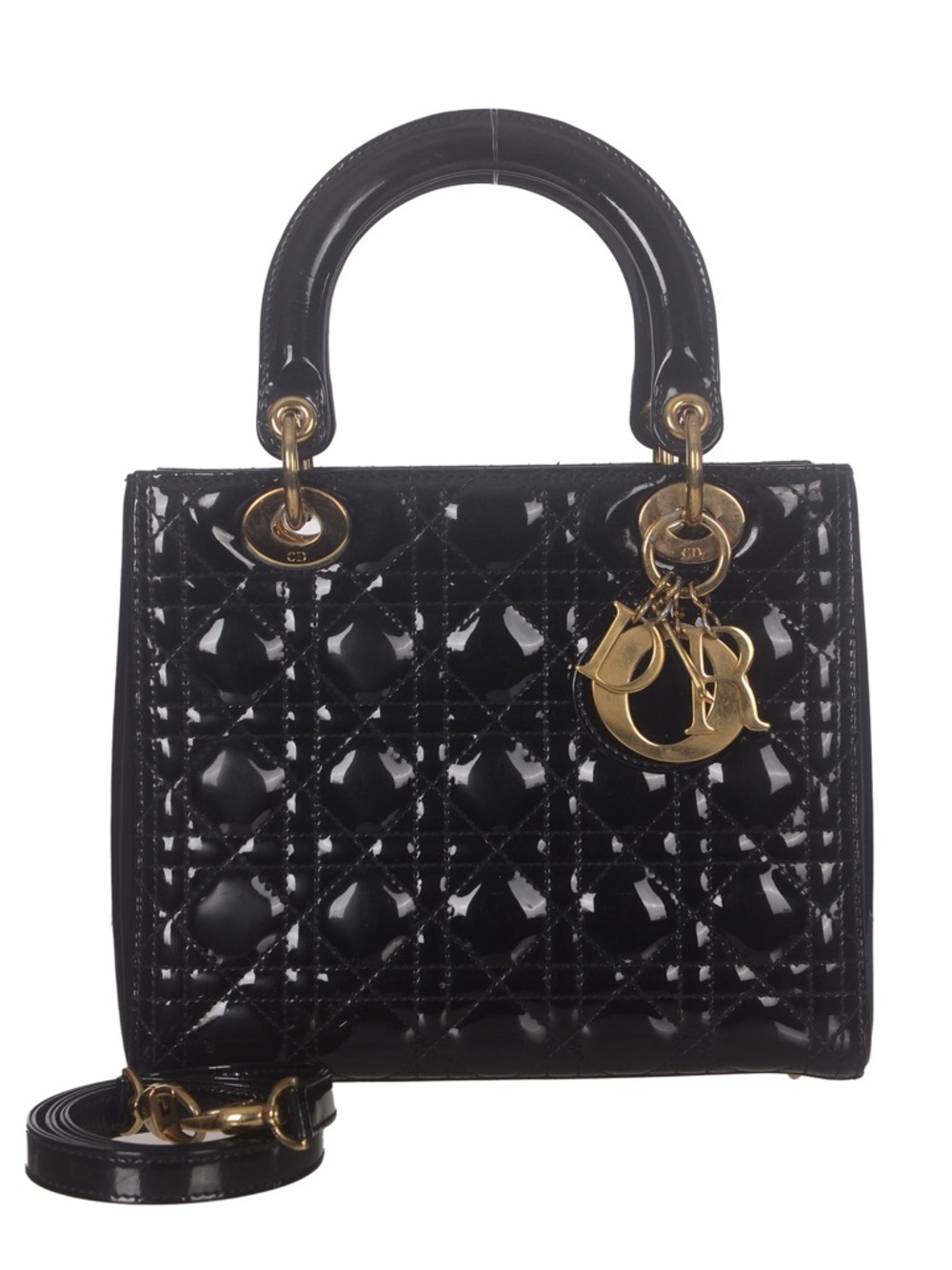 ♥️Dior Medium Lady Dior Black Patent Quilted Lady Handbag with Gold Hardware♥️